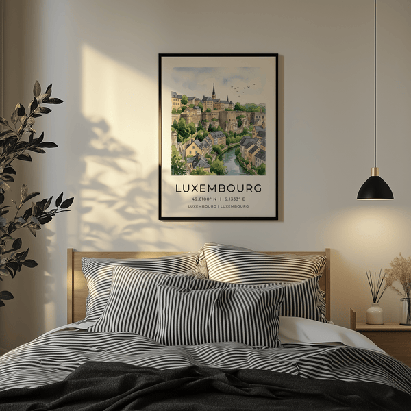 Watercolor Luxembourg skyline print with church spire above stone fortifications