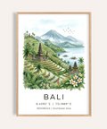 Bali Landscape Art Print showing rice terraces, volcano, and calm bay