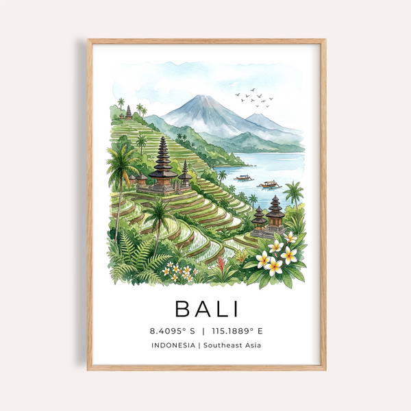 Bali Landscape Art Print showing rice terraces, volcano, and calm bay