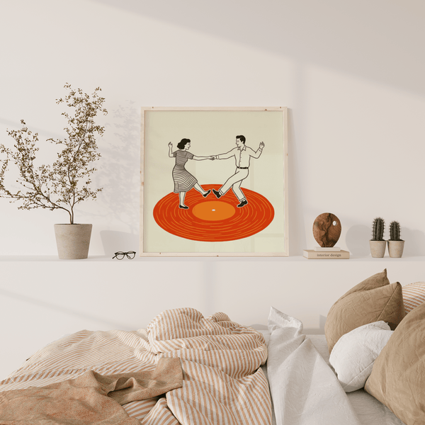 Vintage Dance Art Print with orange record for home studio wall art