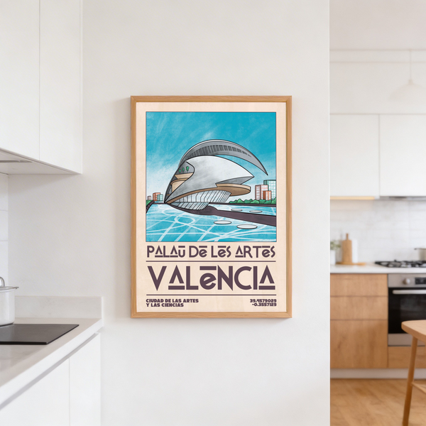 Detailed Valencia Architecture Print wall art showing Palau de Les Arts with bold title text