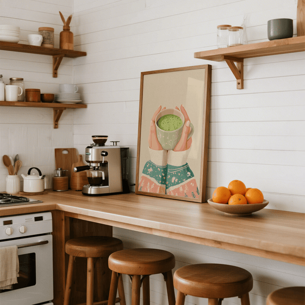Matcha Tea Art Print in green and peach, perfect for living room wall art