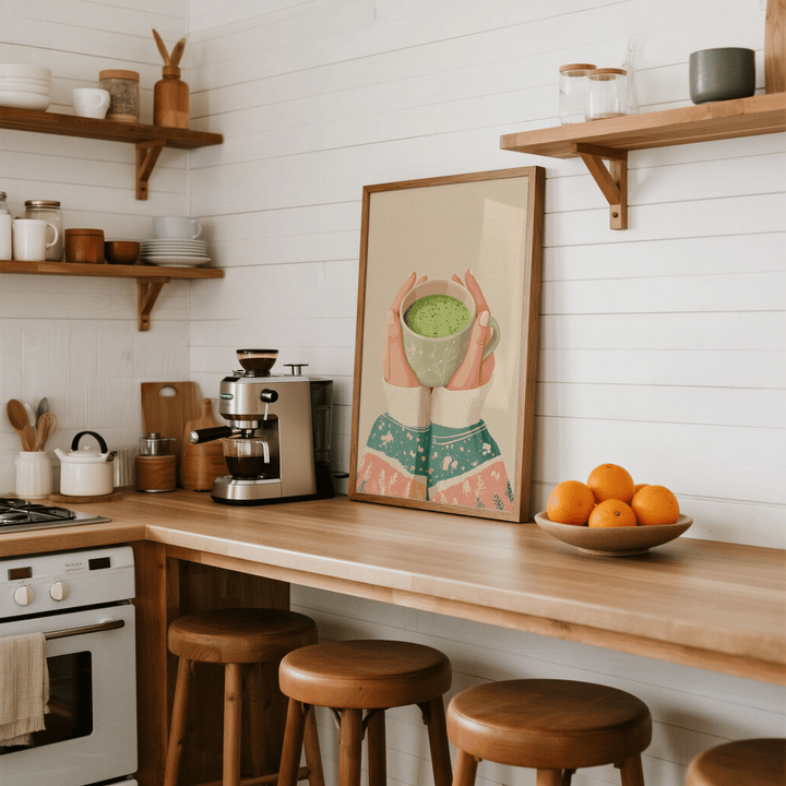 Matcha Tea Art Print in green and peach, perfect for living room wall art