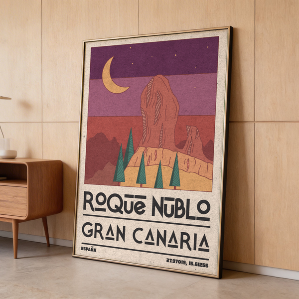 Highlighting Roque Nublo Wall Art poster with triangular trees and starry sky dots