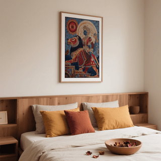 Indian Warrior Wall Art full composition with blue-faced rider and lion figure