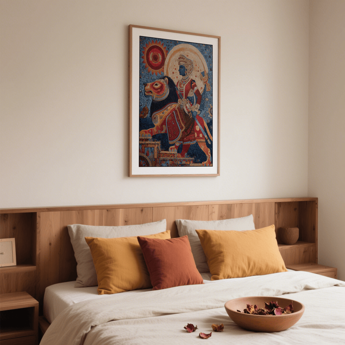Indian Warrior Wall Art full composition with blue-faced rider and lion figure