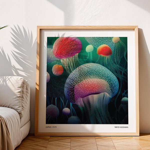 Elegant abstract ocean prints showcasing glowing jellyfish and soft red hues