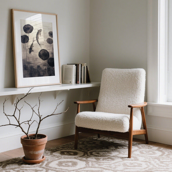 Elegant Japanese Ink Art with koi fish gliding through a water garden.