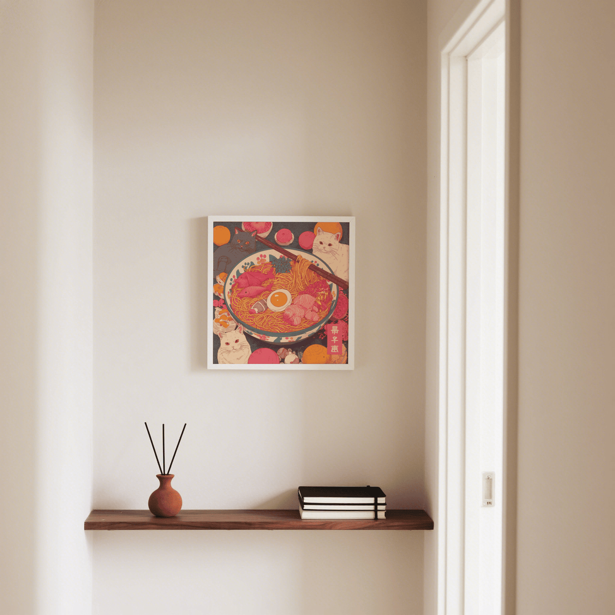 Cute Ramen Cat Print in Pink and Orange for living room print