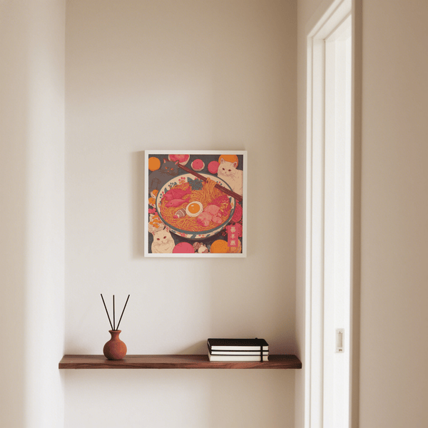 Cute Ramen Cat Print in Pink and Orange for living room print