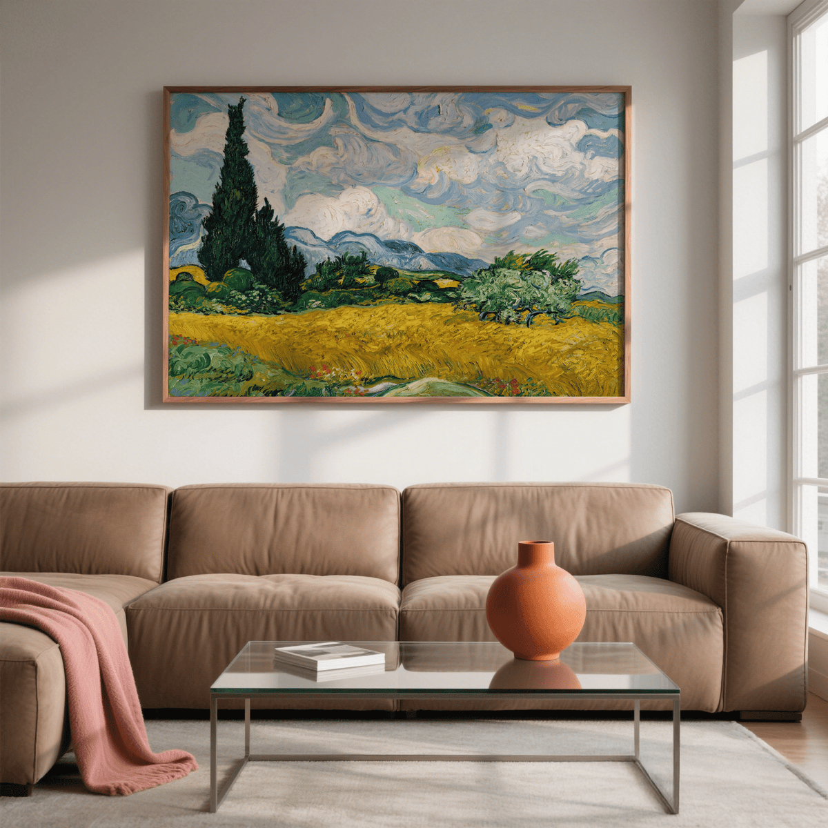 Cypress Tree Landscape wall art, Green and Yellow focus for bedroom ambiance