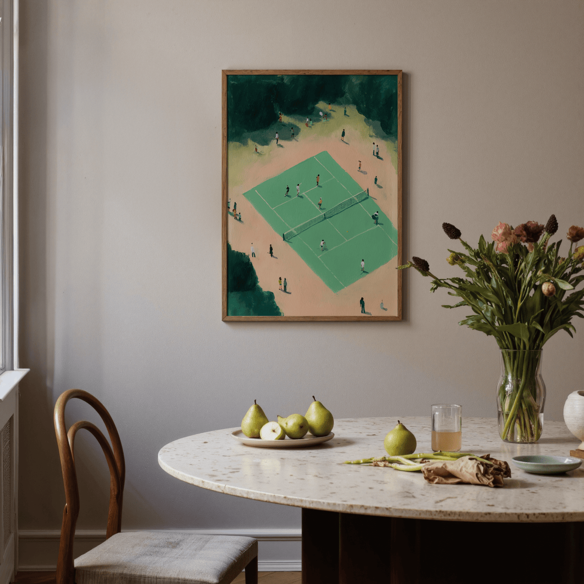Brush-textured tennis scene wall art with people silhouettes around a rectangular court