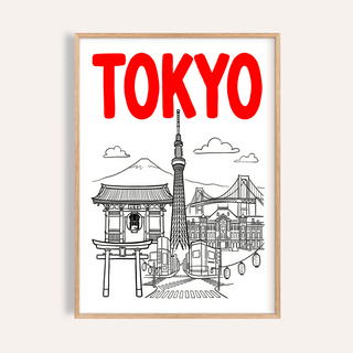 Tokyo City Wall Art poster with bold red title and line tower