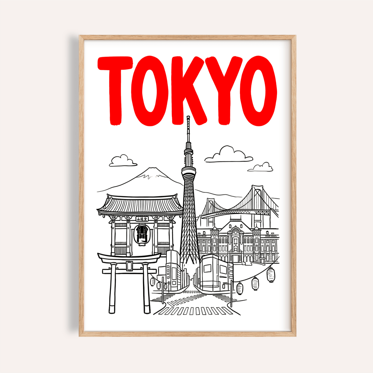 Tokyo City Wall Art poster with bold red title and line tower