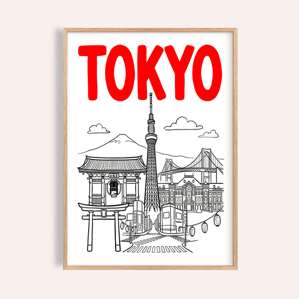 Tokyo City Wall Art poster with bold red title and line tower