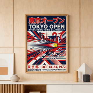 Showcasing tennis poster with Tokyo skyline, lattice tower, and radiating speed lines