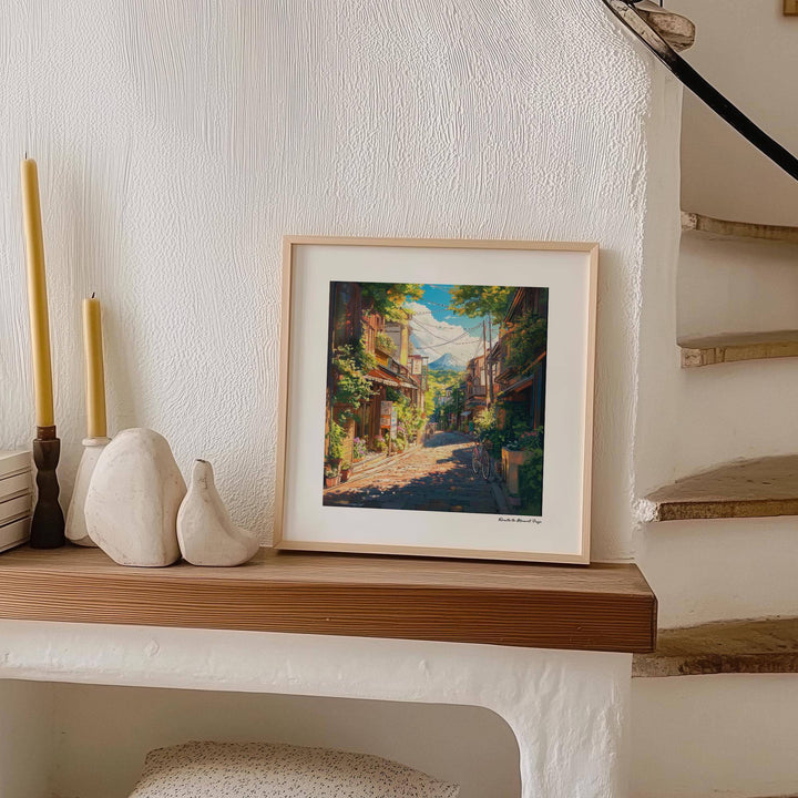 Prints Japanese Art print leaning on a mantelpiece with candles and ceramic birds