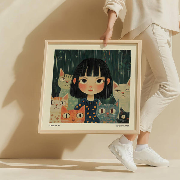 Minimalist Japanese paintings featuring girl surrounded by curious cats