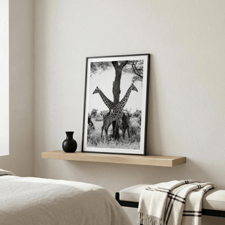Side-by-side giraffes print with central tree and savanna background in black and white