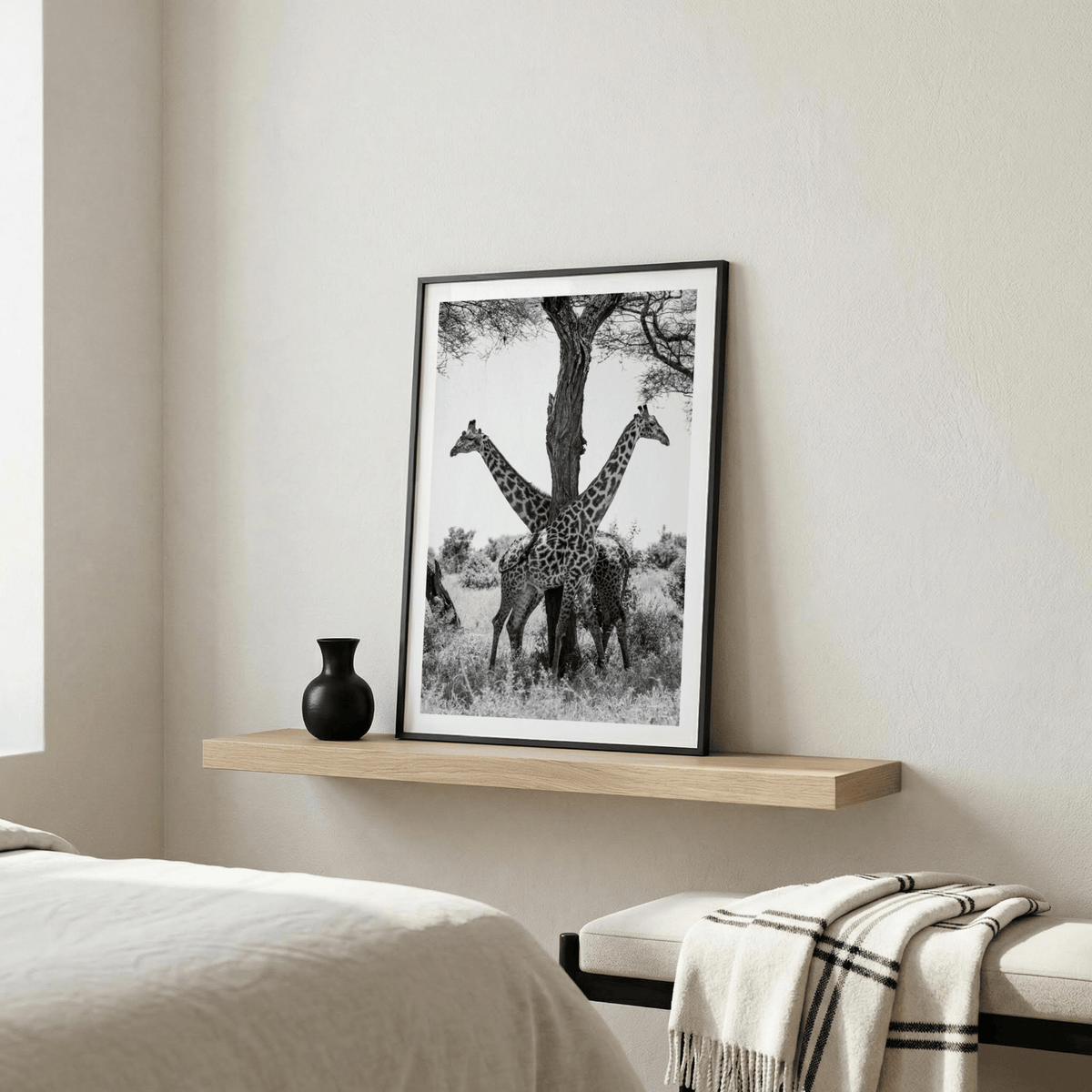 Side-by-side giraffes print with central tree and savanna background in black and white