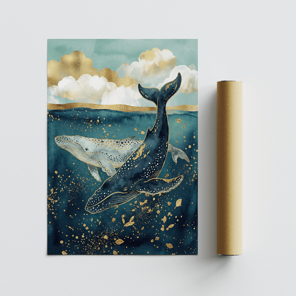 Contemporary Whale Wall Art featuring Blue and Gold for dining room, art print