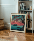 Close view of Hasui Kawase sunset seascape print showing tree silhouette