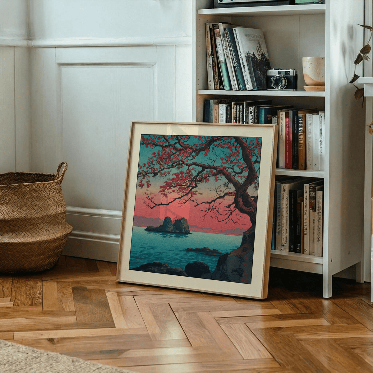 Close view of Hasui Kawase sunset seascape print showing tree silhouette