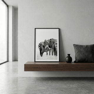 Black and white wildlife poster of two zebras close together