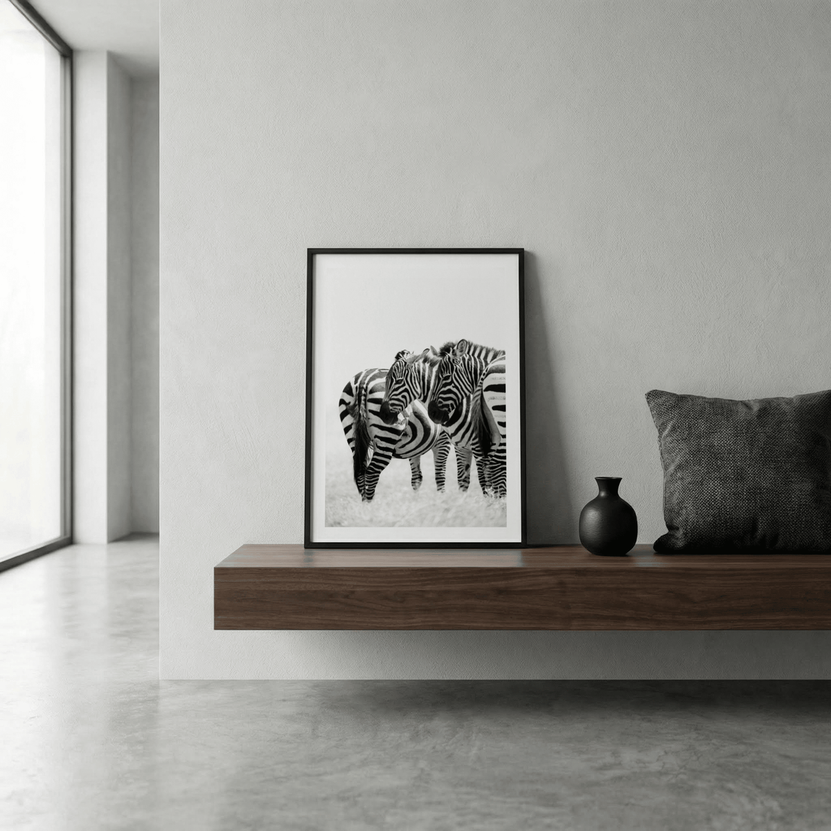 Black and white wildlife poster of two zebras close together