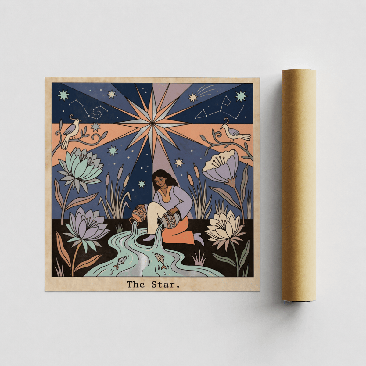 Night sky tarot poster with constellation lines, scattered stars, and perched birds