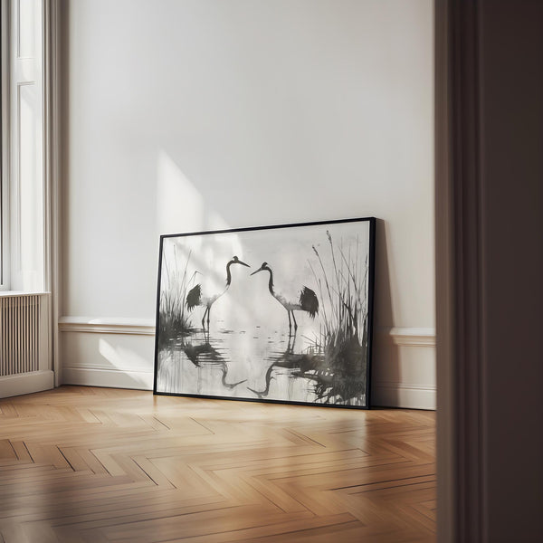 Black and white bird artwork with mirrored reflections in water, minimalist bird print.