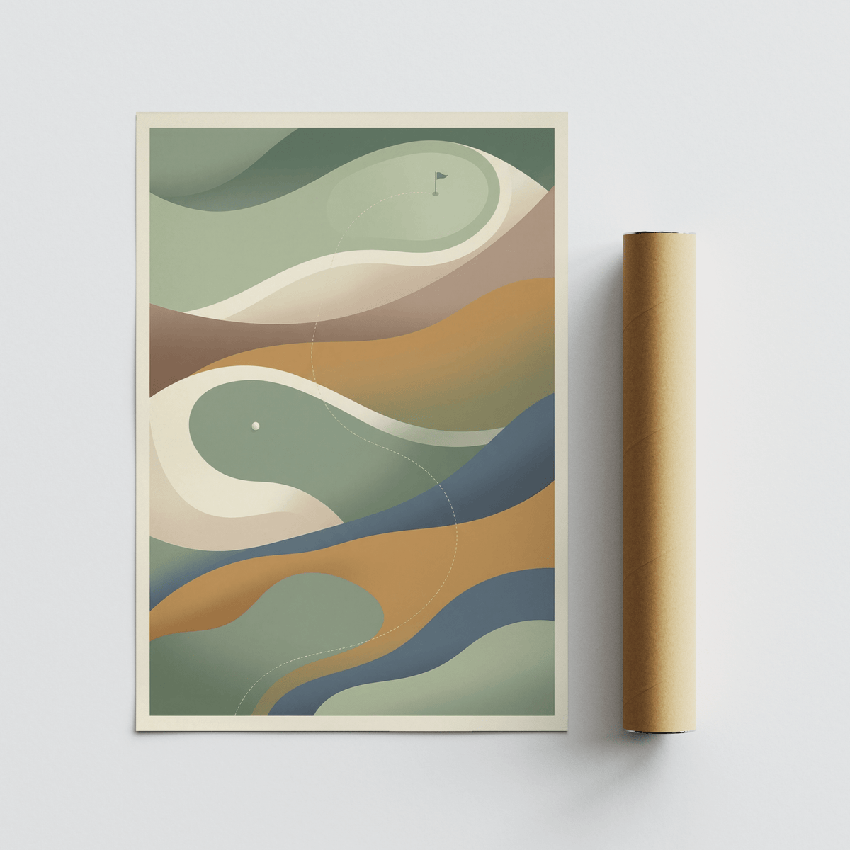 Simplified golf motif wall art poster with pin flag at top and ball below