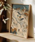 Snow Scene Wall Art in soft blue, orange, and beige for office wall art