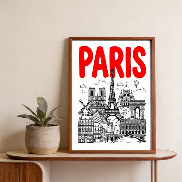Paris City Art Print close-up showing Arc de Triomphe line art