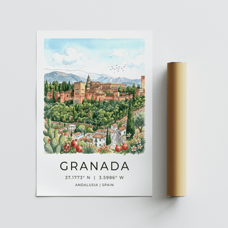 Minimal border poster featuring Granada Spain Art Print with city illustration and text below