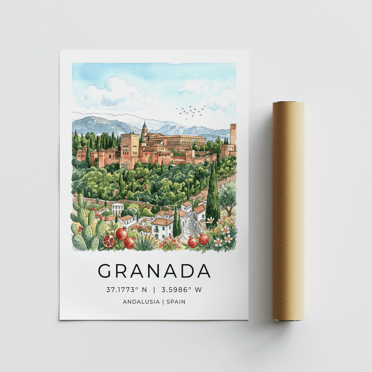 Minimal border poster featuring Granada Spain Art Print with city illustration and text below