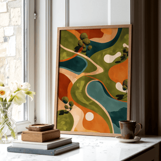 Modern terrain wall print featuring layered greens and simplified water hazards