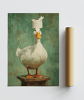 Funny Duck Wall Art featuring a duck portrait with toilet paper on its head and a wooden stool beneath