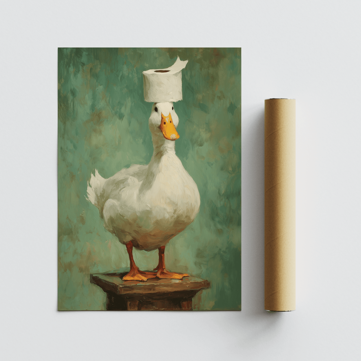 Funny Duck Wall Art featuring a duck portrait with toilet paper on its head and a wooden stool beneath