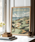 Highlighting Shinnecock Hills Golf Art Print print with large SHINNECOCK HILLS title and seaside course scene