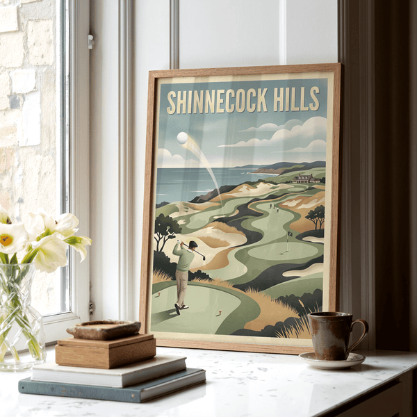 Highlighting Shinnecock Hills Golf Art Print print with large SHINNECOCK HILLS title and seaside course scene