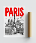 Monochrome skyline contrasted by bright red lettering in travel print