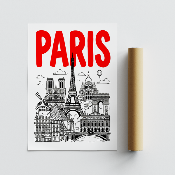 Monochrome skyline contrasted by bright red lettering in travel print