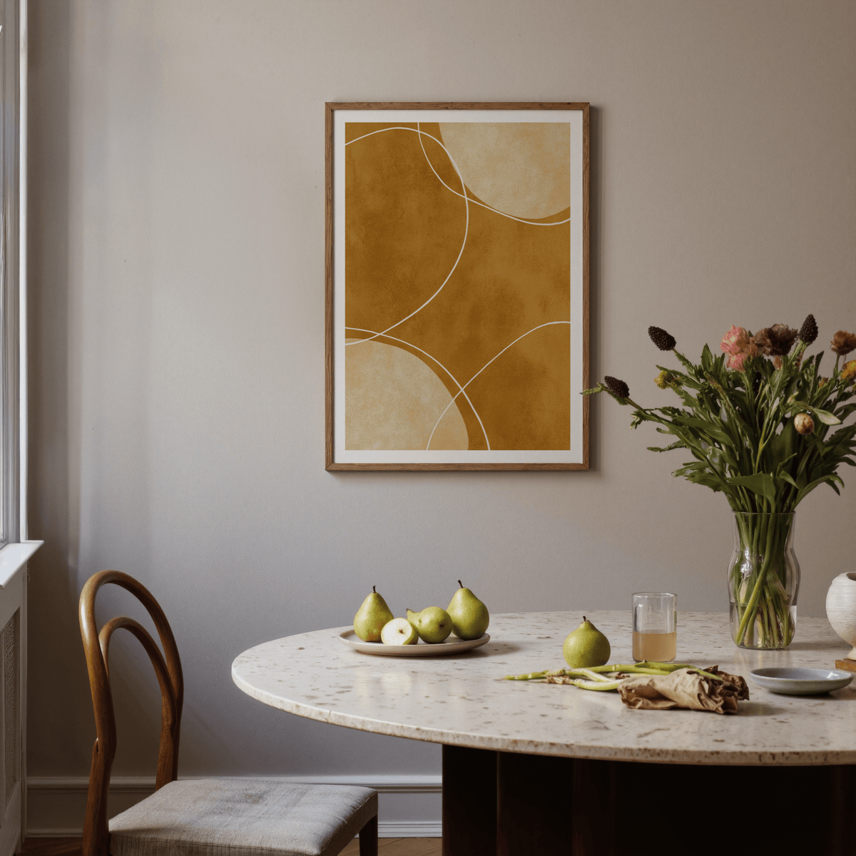 Contemporary abstract wall art poster with circular segments and soft grain texture