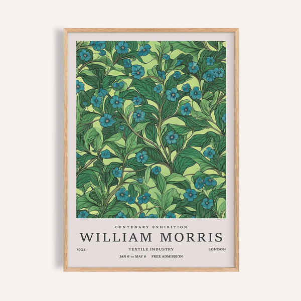 Green wall art for living room with botanical leaf and blue flowers