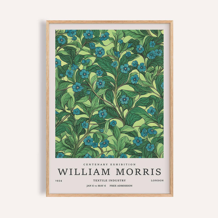 Green wall art for living room with botanical leaf and blue flowers