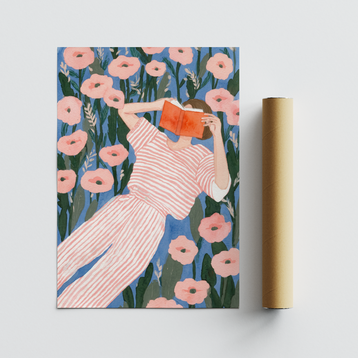 Flat-color floral backdrop poster with lounging woman and open book