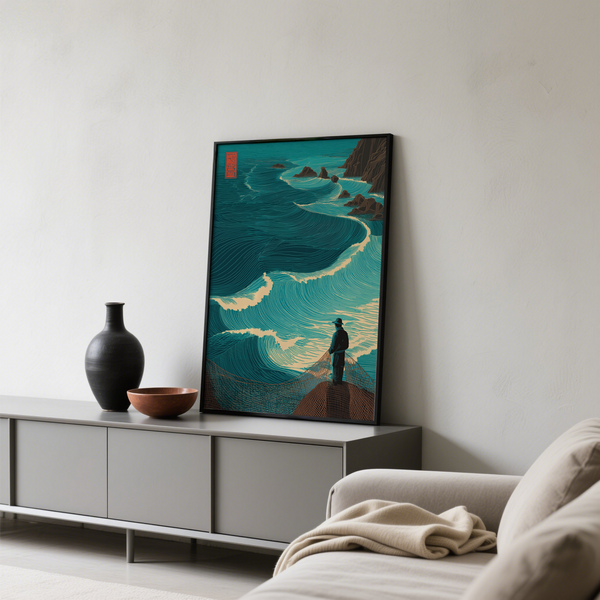 Curving surf illustration with red seal mark and solitary fisherman