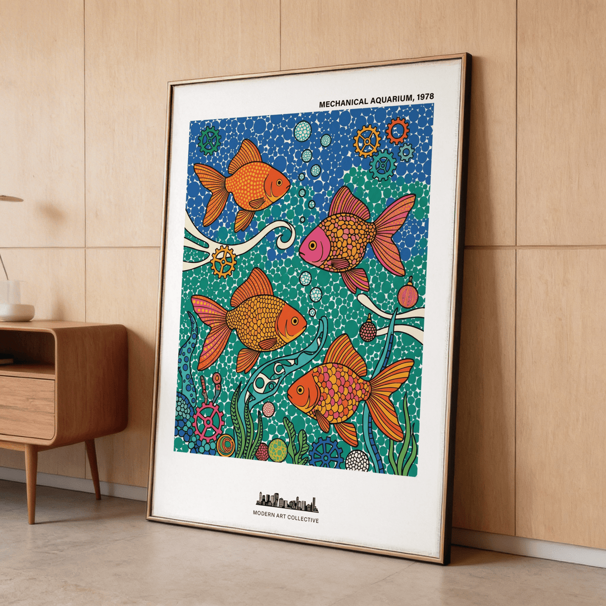 Depicting the Colorful Fish Art Print with four fish illustration, sea plants, and bubble dots