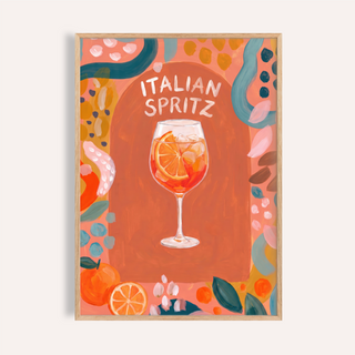 Featuring a wine glass cocktail illustration wall art poster with hand-lettered Italian Spritz text and citrus slice